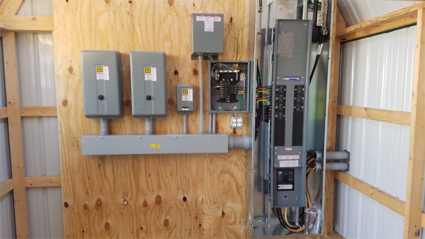 Completed motor control and electrical installation in a farm utility building